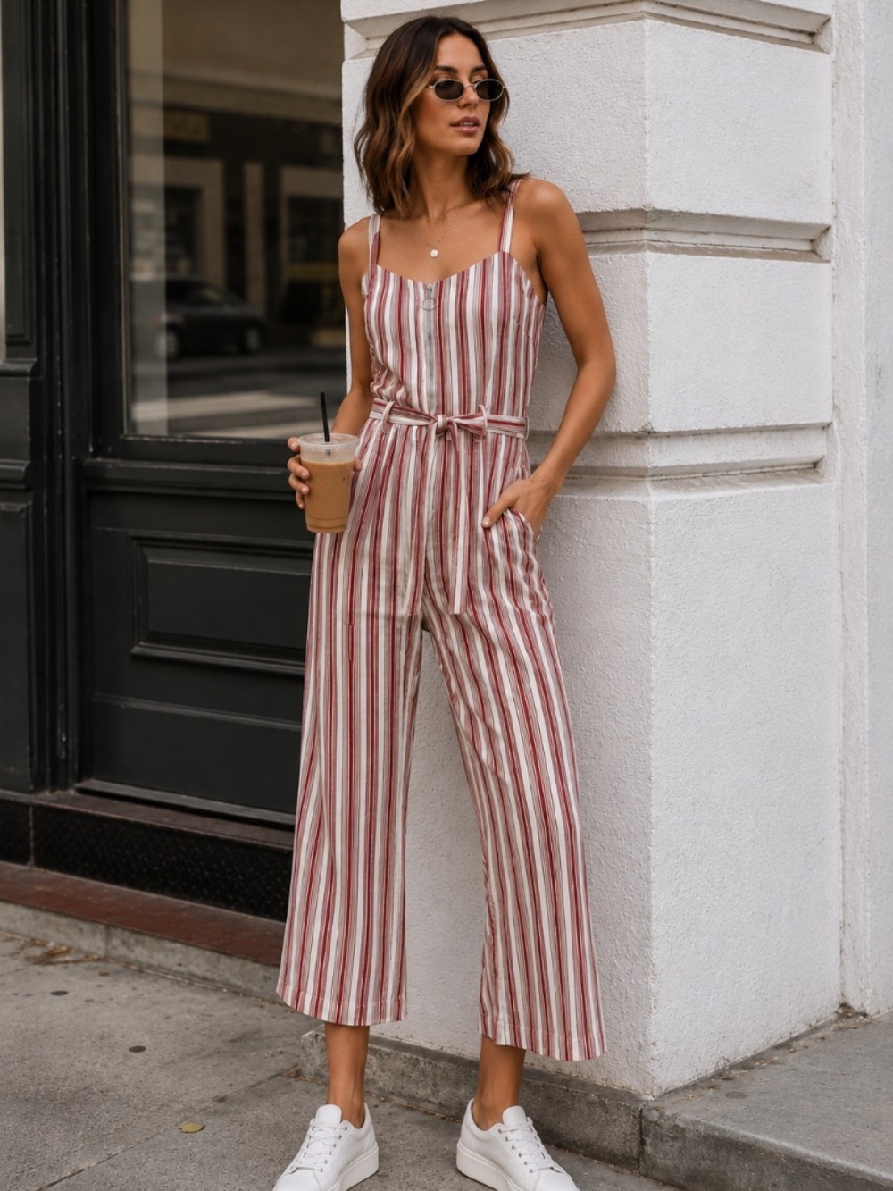 Romeo & Juliet Couture Burgundy & White Striped Cropped Coquette Jumpsuit Size M